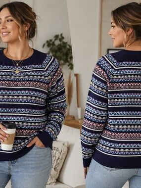 Merona Fair Isle Pattern Knit Sweater XXL Contemporary Casual Cozy Pullover Navy